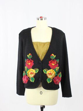 Vintage 90's SUSAN BRISTOL Black Knit Chenille Floral Cardigan, Size M